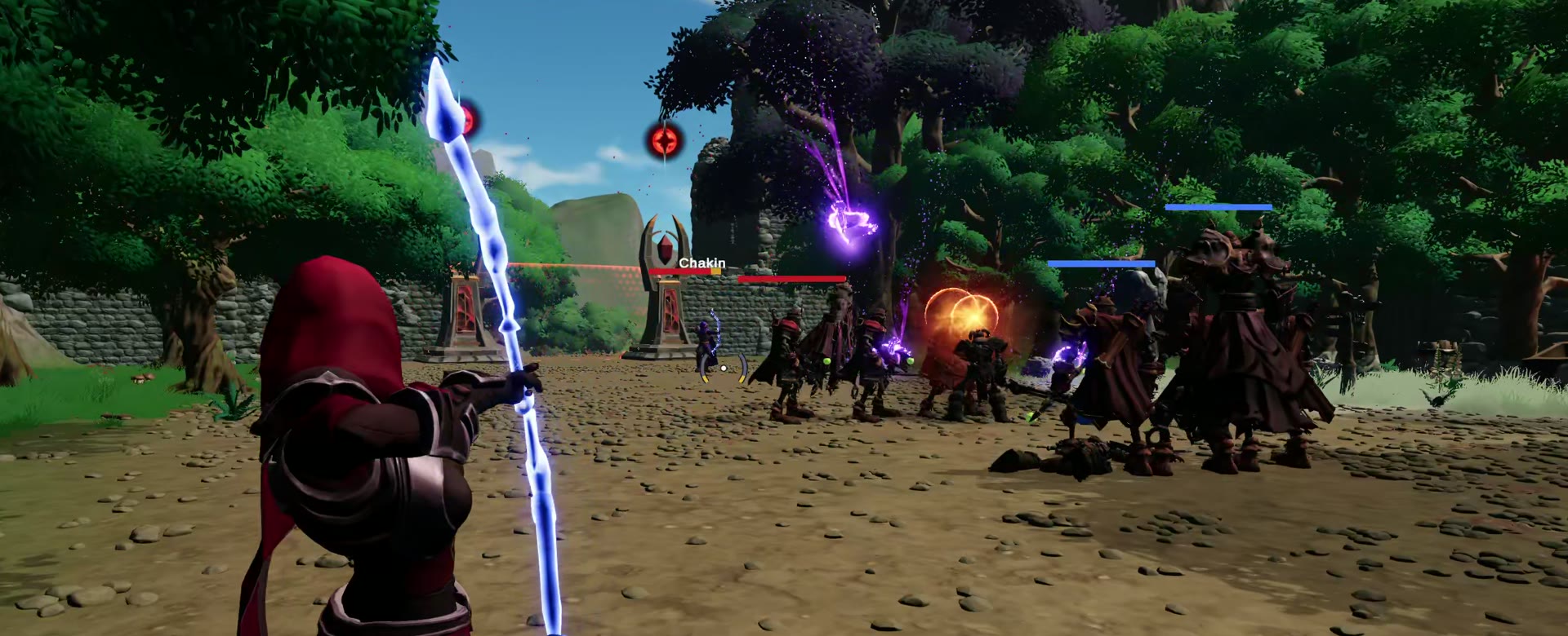 The red-hooded Warden fighting alongside a minion wave in Battle for Arwich, work in progress
